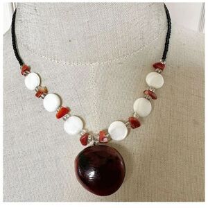Tagua nut mother of pearl coral beaded pendant necklace